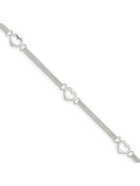 Polished 925 Sterling Silver Love Heart Anklet Bracelet with Lobster Clasp - 10